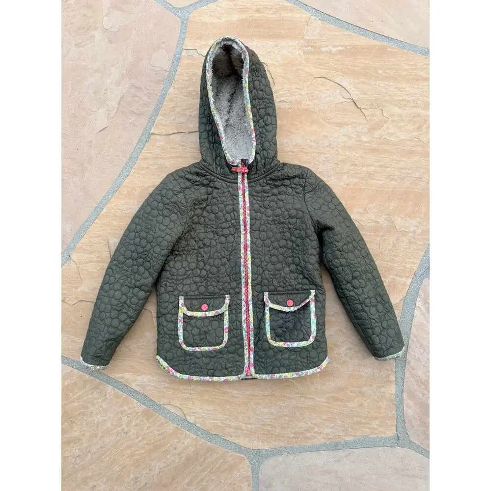Mini Boden Olive Green Quilted Hooded Jacket with Floral Trim - Picture 1 of 4